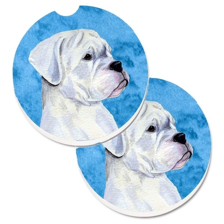 Carolines Treasures Blue and White Natural Eared Boxer Set of 2 Cup Holder Car Coaster SS4785-BUCARC